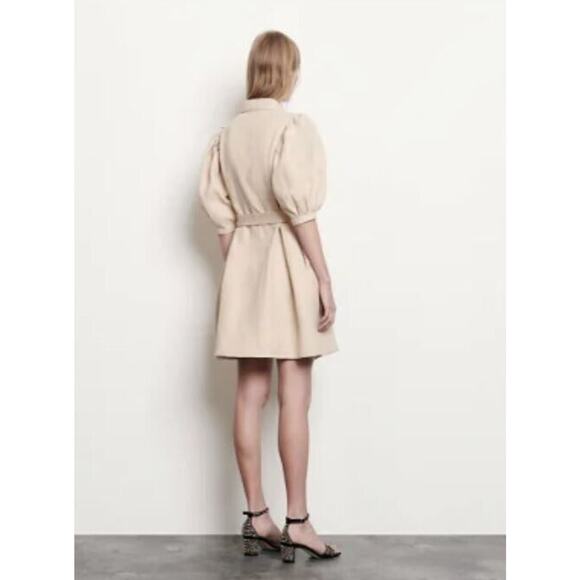 Sandro Puffed Sleeves Cotton & Linen Blend Mini Dress in Beige Size 8 MSRP $445 - Picture 6 of 7